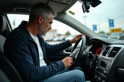 Homme d'âge moyen inspectant le tableau de bord d'une voiture d'occasion