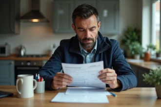 Homme vérifiant un certificat d'immatriculation à la maison