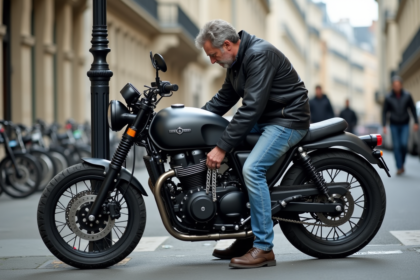 Homme middleaged verrouillant sa moto dans Paris