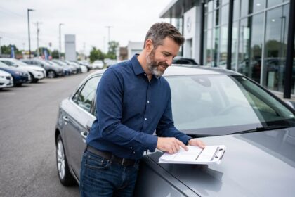 Homme en jean et chemise à côté d'une voiture neuve