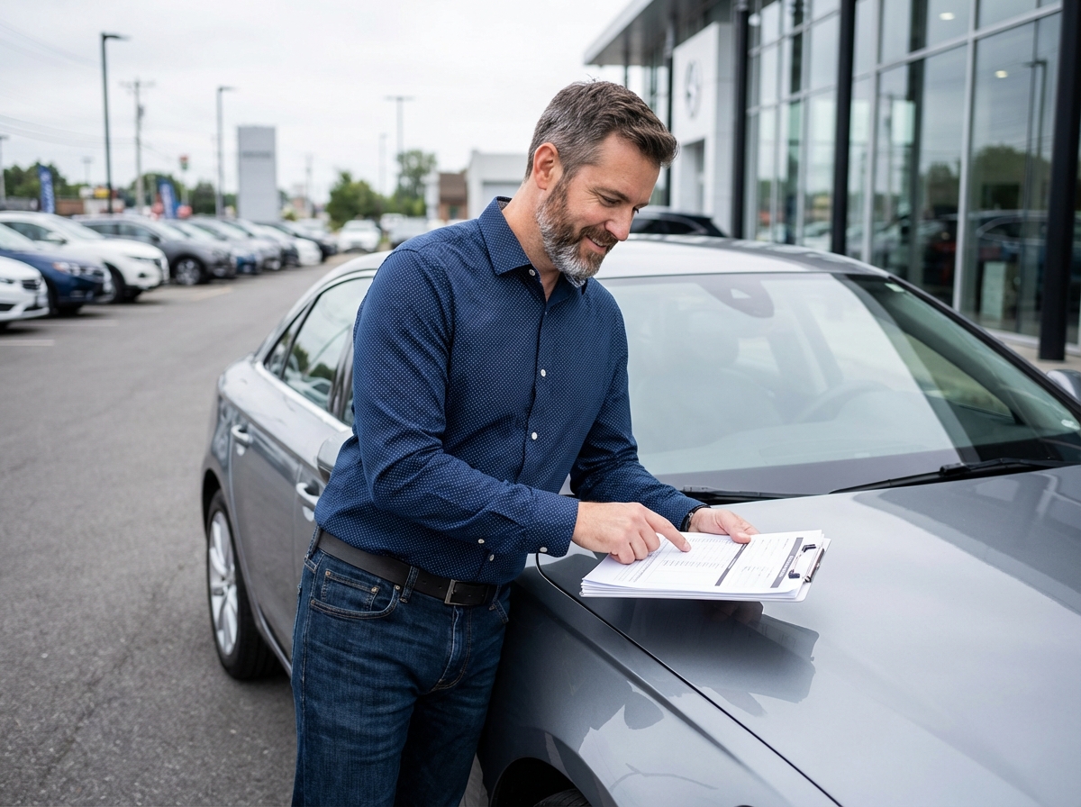 Homme en jean et chemise à côté d'une voiture neuve