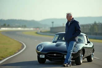 Homme aux cheveux gris près d'une supercar classique en extérieur