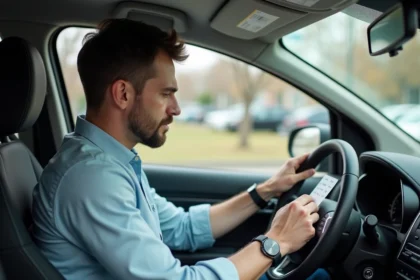 Homme concentré sur le code radio dans sa voiture moderne