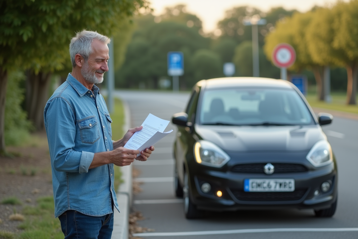 Homme à côté de sa voiture regardant des documents officiels