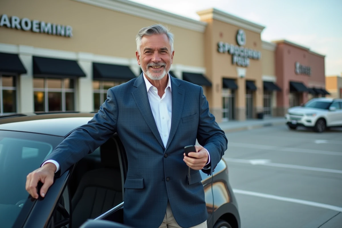 Homme souriant entrant dans une voiture électrique
