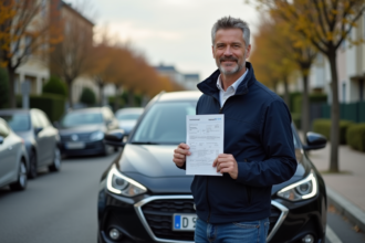 Homme en veste navy tenant son certificat d'immatriculation