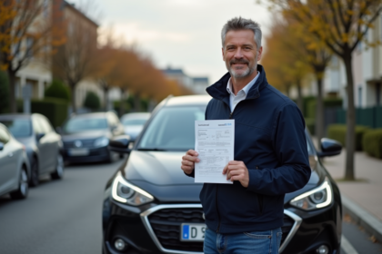 Homme en veste navy tenant son certificat d'immatriculation