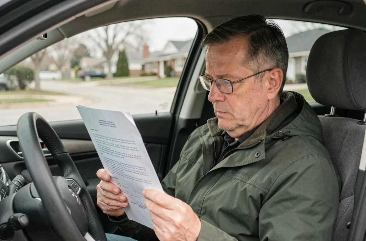 Homme dans une voiture garée lisant une lettre officielle concernant la récupération de points sur son permis de conduire