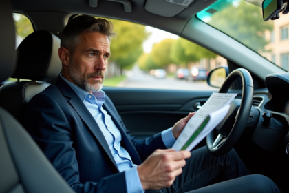 Homme d'âge moyen avec documents d'assurance dans une voiture