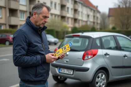 Homme français regardant plaques d'immatriculation TR