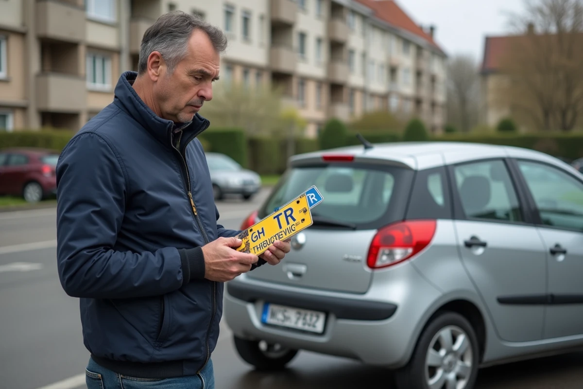 Homme français regardant plaques d'immatriculation TR
