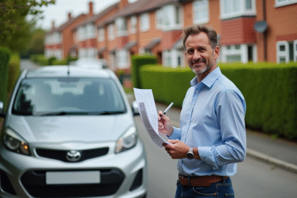Homme d'âge moyen avec documents voiture devant une voiture