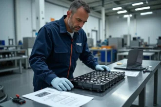 Ingénieur automobile examinant un module de batterie EV aux normes 2026 dans un laboratoire technique professionnel