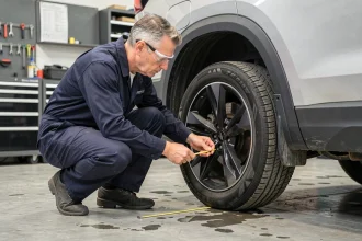 Ingénieur automobile mesurant la géométrie de suspension d'un SUV dans un atelier professionnel