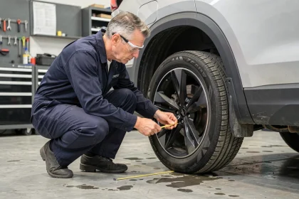 Ingénieur automobile mesurant la géométrie de suspension d'un SUV dans un atelier professionnel