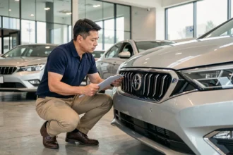 Ingénieur automobile inspectant le badge d'une berline chinoise dans un showroom moderne