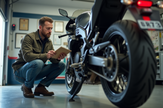 Inspecteur moto professionnel examinant la roue arrière d'une moto