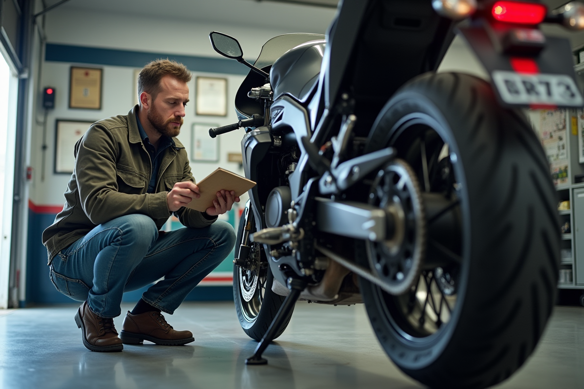 Inspecteur moto professionnel examinant la roue arrière d'une moto