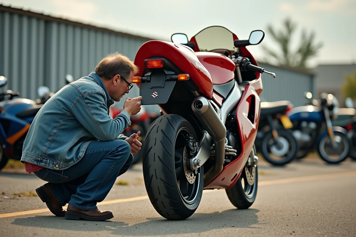 Collectionneur examinant le bras oscillant et les détails d'origine d'une GSXR 1100 de 1992 lors d'un rassemblement de motos classiques