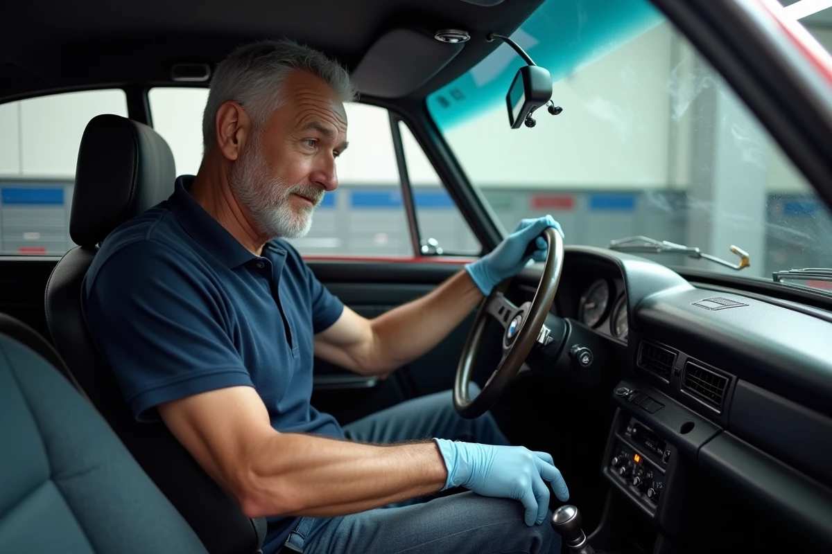 Expert automobile inspectant l'intérieur d'une BMW CSL d'occasion dans un garage professionnel, évaluant l'état du cockpit et des sièges en cuir
