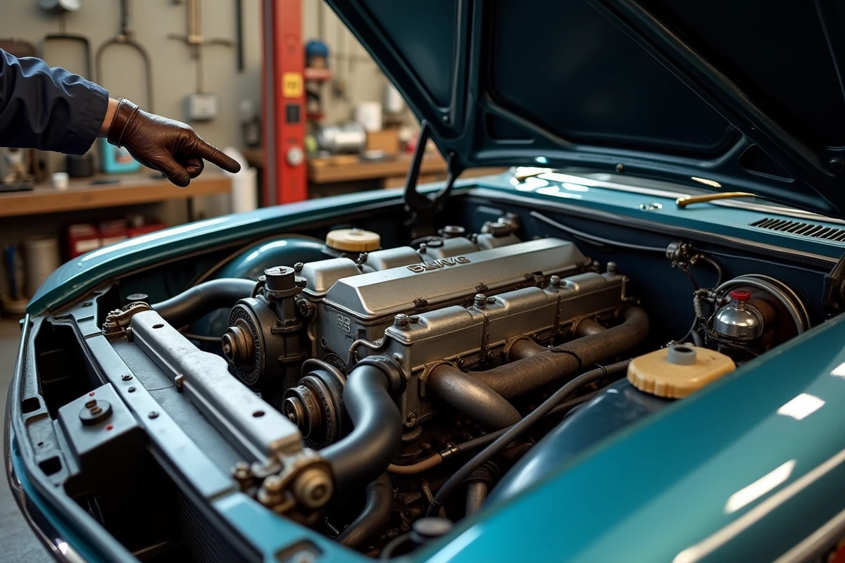Mécanicien expert inspectant le compartiment moteur d'une BMW CSL d'occasion dans un atelier spécialisé, évaluant l'authenticité et l'état mécanique