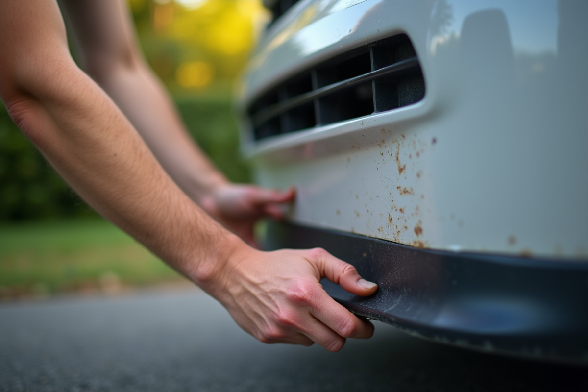 Personne inspectant un parechoc d'occasion en extérieur