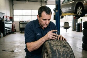 Technicien automobile inspectant la profondeur de sculpture d'un pneu 4 saisons avec une jauge professionnelle dans un atelier de mécanique
