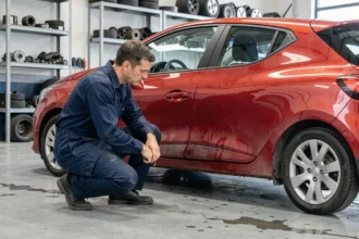 Mécanicien inspectant le dessous d'une Renault Clio rouge d'occasion dans un garage professionnel