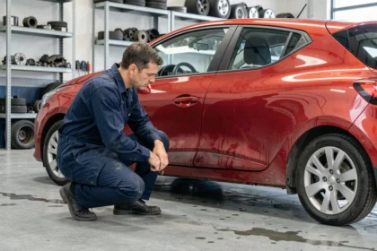 Mécanicien inspectant le dessous d'une Renault Clio rouge d'occasion dans un garage professionnel