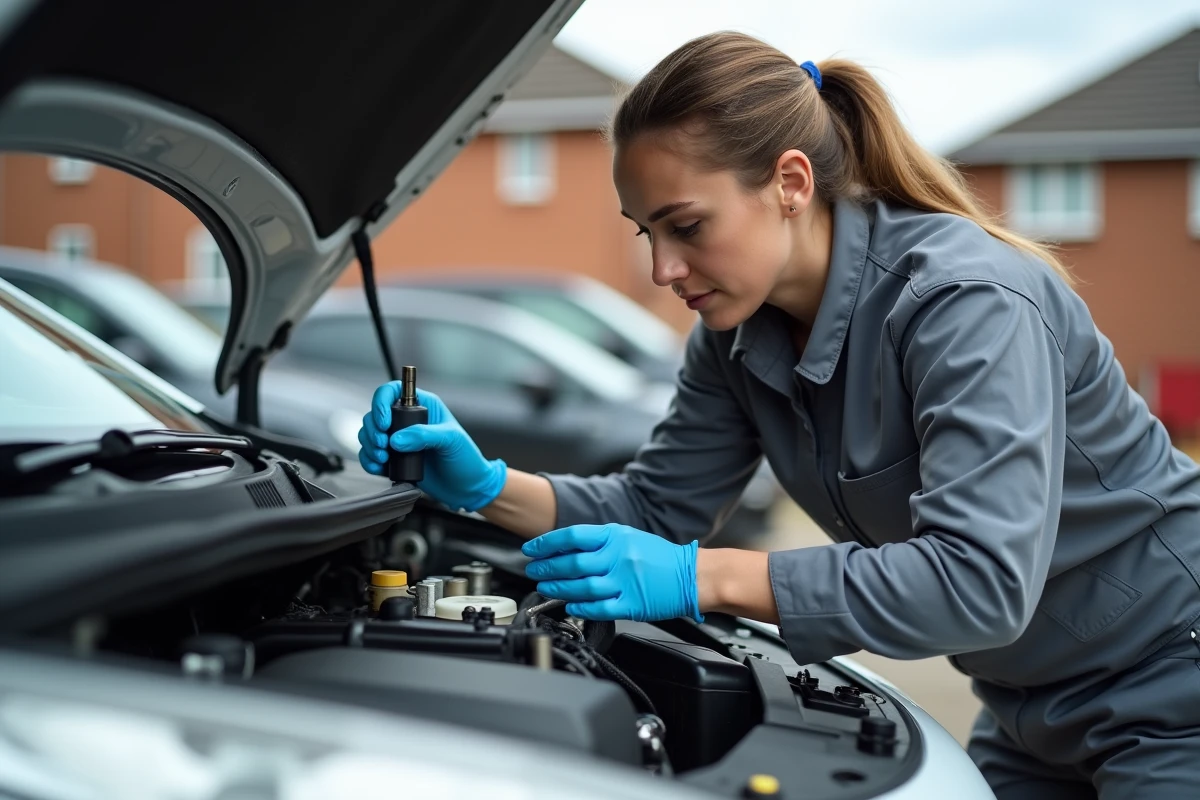 Mécanicienne inspectant la vanne de purge et le canister sur un moteur Peugeot lié au défaut P1445