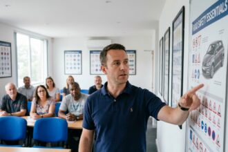 Instructeur de stage de récupération de points expliquant les règles du code de la route à des participants adultes dans une salle de cours d'auto-école