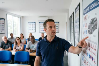 Instructeur de stage de récupération de points expliquant les règles du code de la route à des participants adultes dans une salle de cours d'auto-école