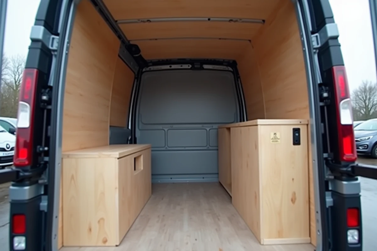 Intérieur aménagé d'un Trafic 2 L1H1 avec habillage bois pin, plafond vinyle gris et étagère compacte optimisant l'espace disponible