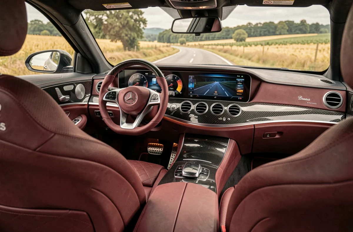 Intérieur sur mesure d'une Mercedes-Benz Classe E préparée Brabus avec cuir Nappa bordeaux, console carbone et volant sport brodé