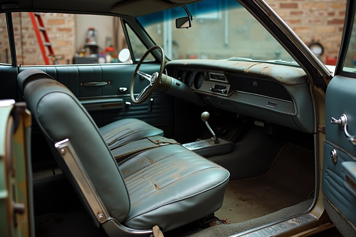 Intérieur dégradé d'une Chevrolet Impala 1967 automatique avec siège en vinyle craquelé et tableau de bord d'époque