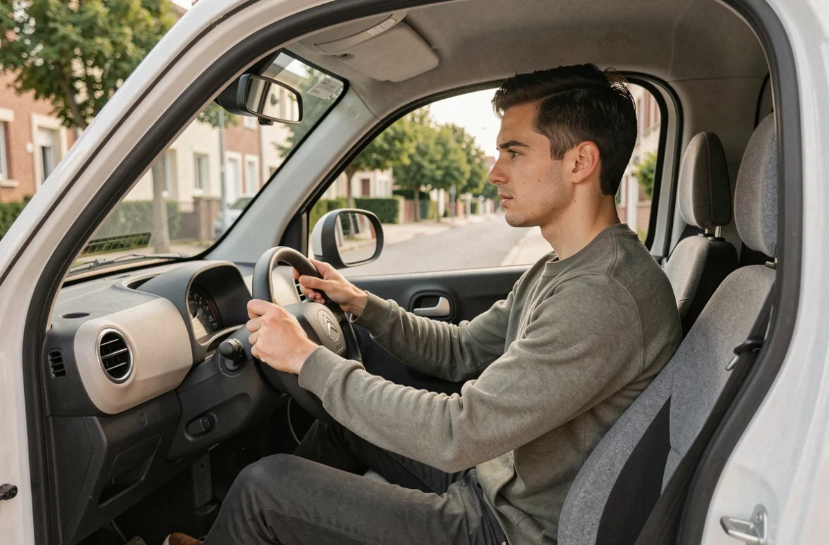 Jeune homme au volant d'une Citroën Ami vue de l'intérieur avec tableau de bord minimaliste