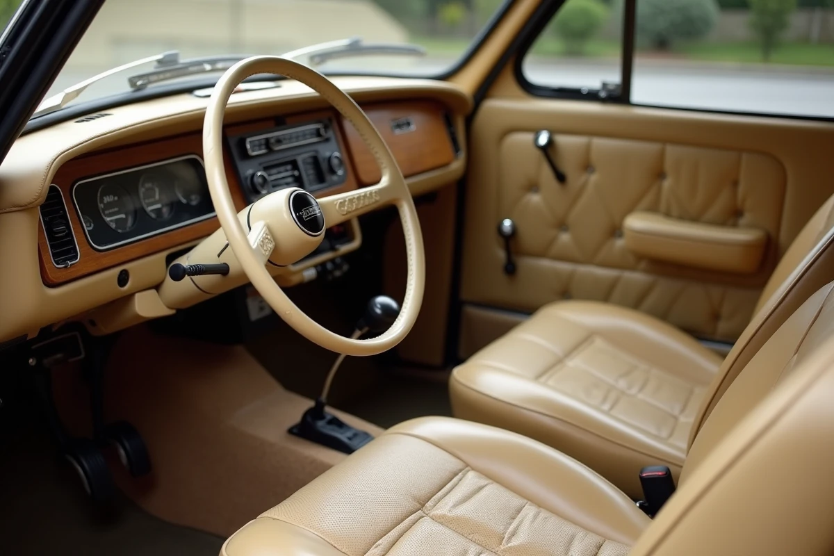 Intérieur modernisé d'une Renault 12 Sedan avec tableau de bord restauré, sellerie vinyle beige et volant en cuir perforé respectant le style d'origine