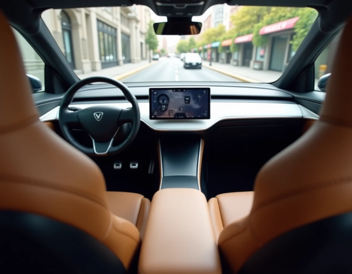Intérieur minimaliste d'un véhicule électrique marque en V avec écran tactile incurvé et sièges en simili-cuir greige