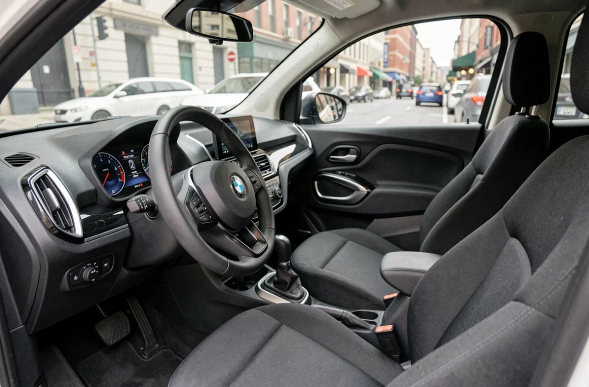 Intérieur d'une voiture sans permis BMW avec tableau de bord numérique, volant avec logo et sièges en tissu gris