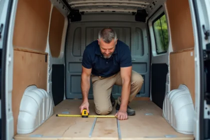 Artisan installant des panneaux d'isolation en mousse sur les parois intérieures d'un Trafic 2 L1H1 en cours d'aménagement dans un garage