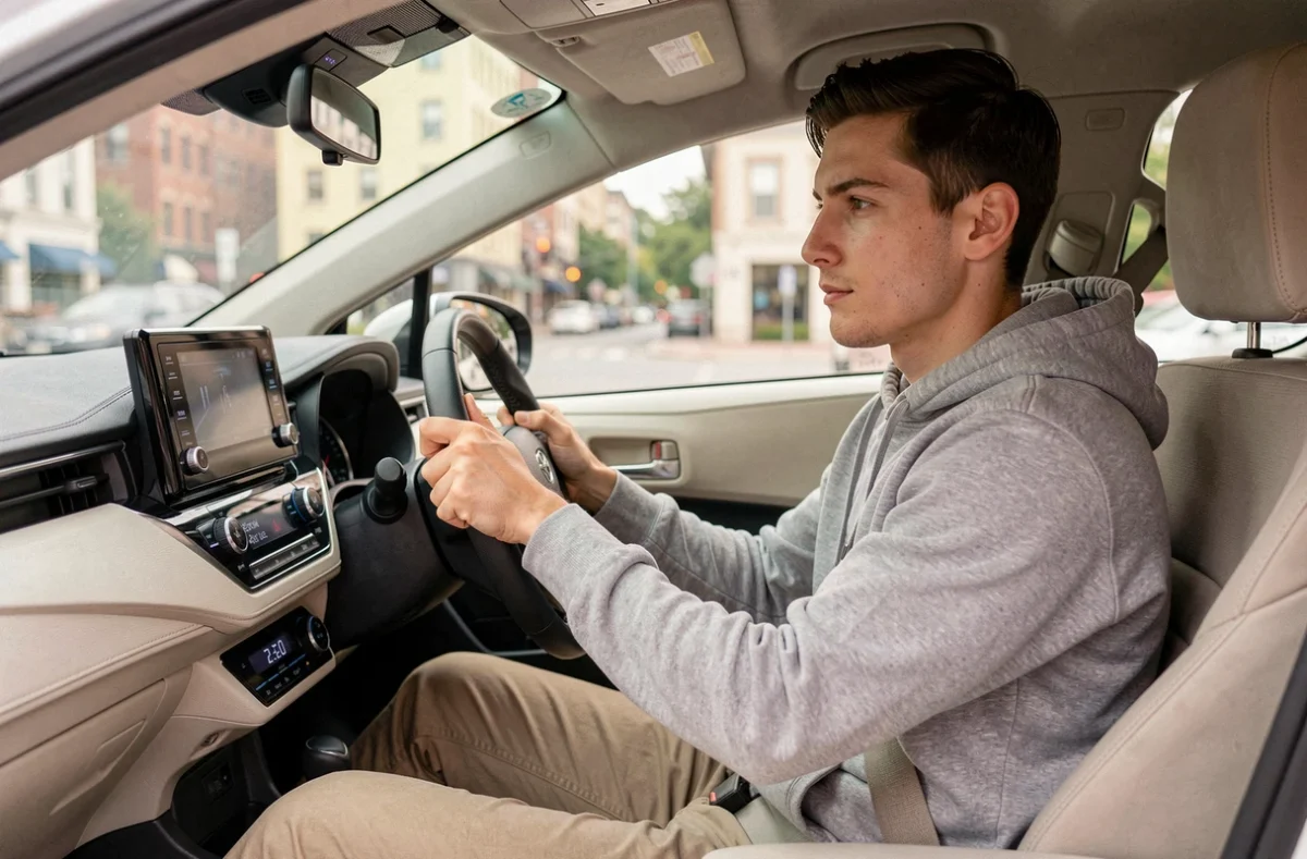 Jeune homme au volant d'une Toyota Corolla argentée avec ceinture de sécurité attachée