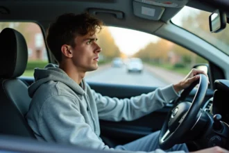 Jeune conducteur en permis probatoire au volant d'une voiture, expression concentrée, plaque A visible sur le tableau de bord
