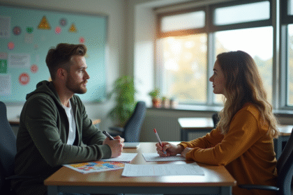 Jeune adulte écoute attentivement un instructeur dans une salle moderne