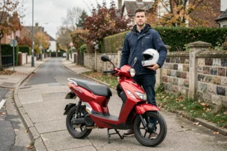 Jeune conducteur avec un scooter Derbi 50cc rouge garé sur un trottoir résidentiel, illustrant le coût d'une assurance pour ce type de cylindrée