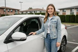Jeune conductrice souriante appuyée contre une Toyota Corolla blanche dans un parking résidentiel
