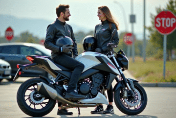 Jeune couple en équipement moto avec casque devant une moto 125cc