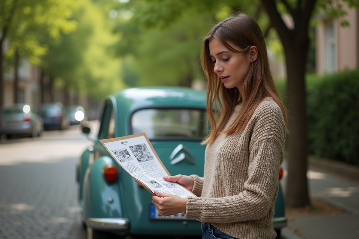 Jeune femme examinant un manuel auto à côté d une Citroën P1351