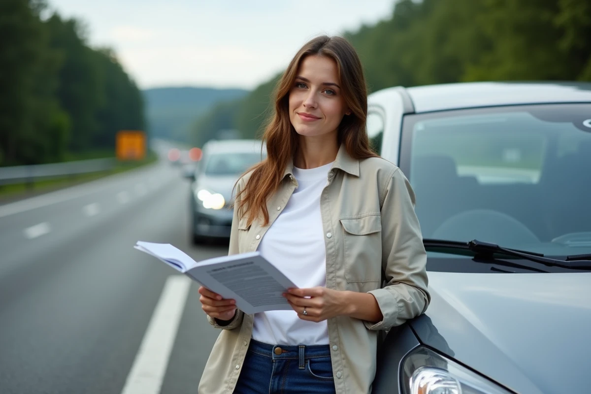 Jeune femme avec manuel auto devant une voiture sur l