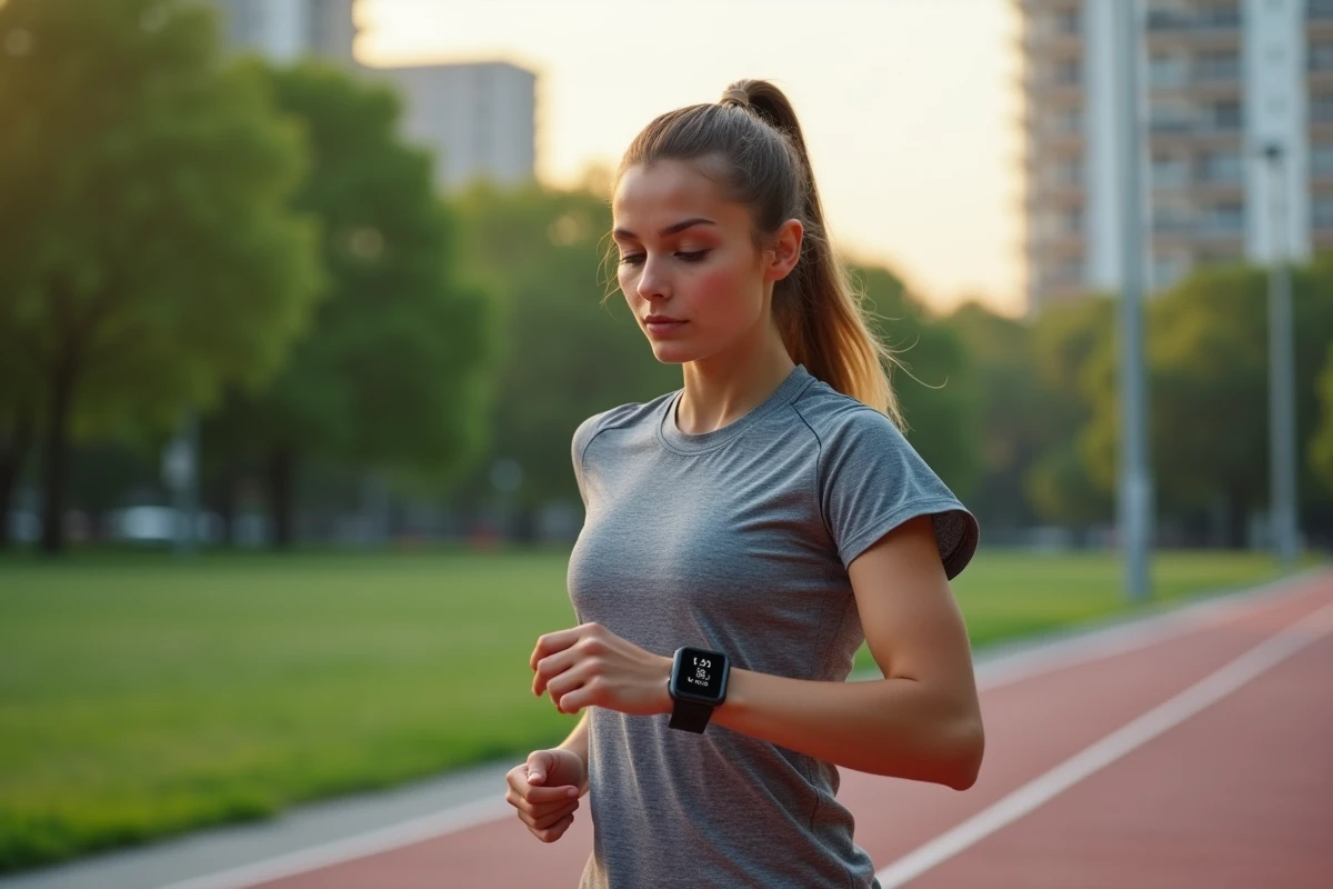 Jeune femme coureuse regardant sa montre en parc urbain