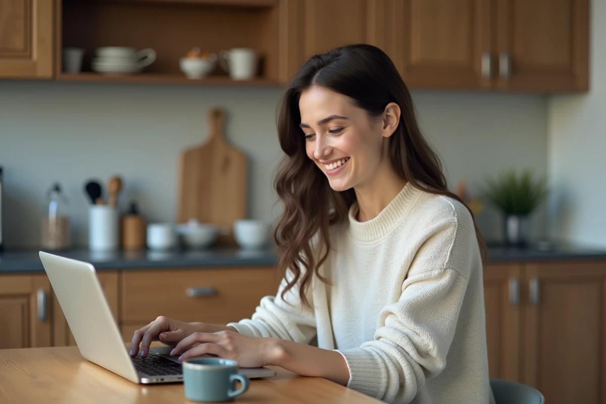 Jeune femme souriante à la cuisine utilisant son ordinateur portable